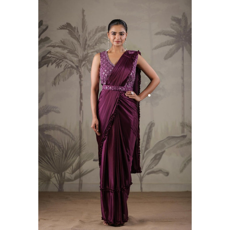 Geroo Luxe Purple Belted Pre-Stitched Saree With Stitched Blouse