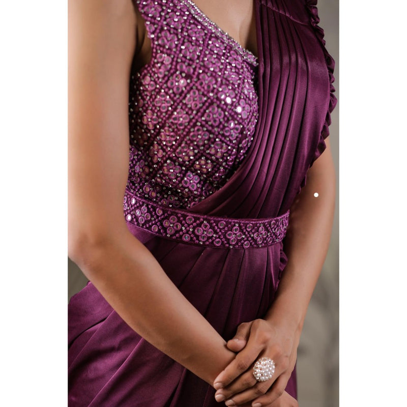 Geroo Luxe Purple Belted Pre-Stitched Saree With Stitched Blouse