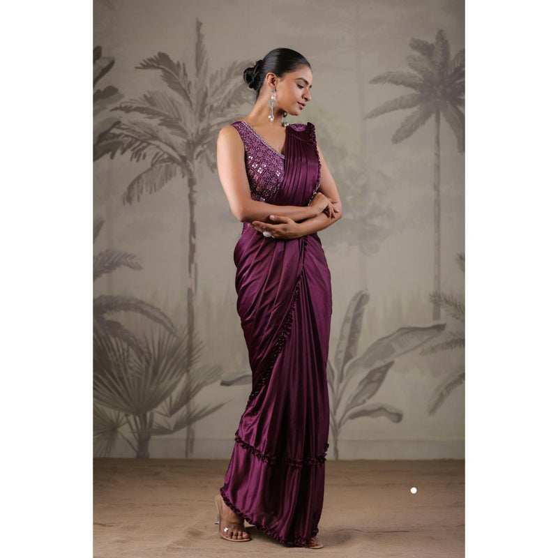 Geroo Luxe Purple Belted Pre-Stitched Saree With Stitched Blouse