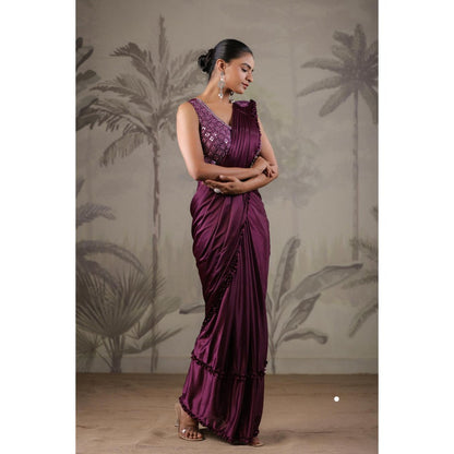 Geroo Luxe Purple Belted Pre-Stitched Saree With Stitched Blouse