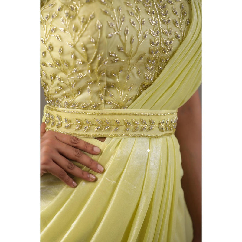 Geroo Luxe Mint Yellow Belted Pre-Stitched Saree With Stitched Blouse