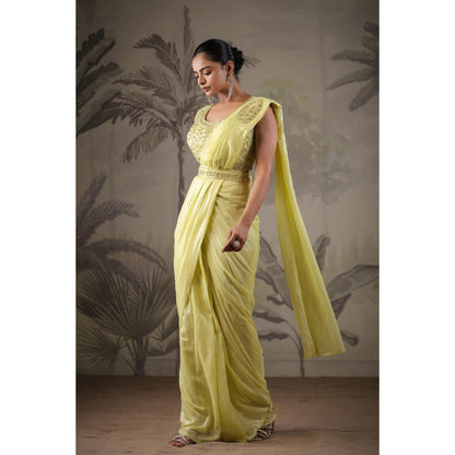 Geroo Luxe Mint Yellow Belted Pre-Stitched Saree With Stitched Blouse
