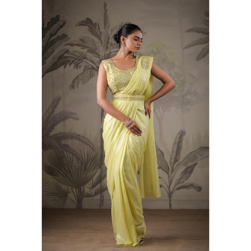 Geroo Luxe Mint Yellow Belted Pre-Stitched Saree With Stitched Blouse