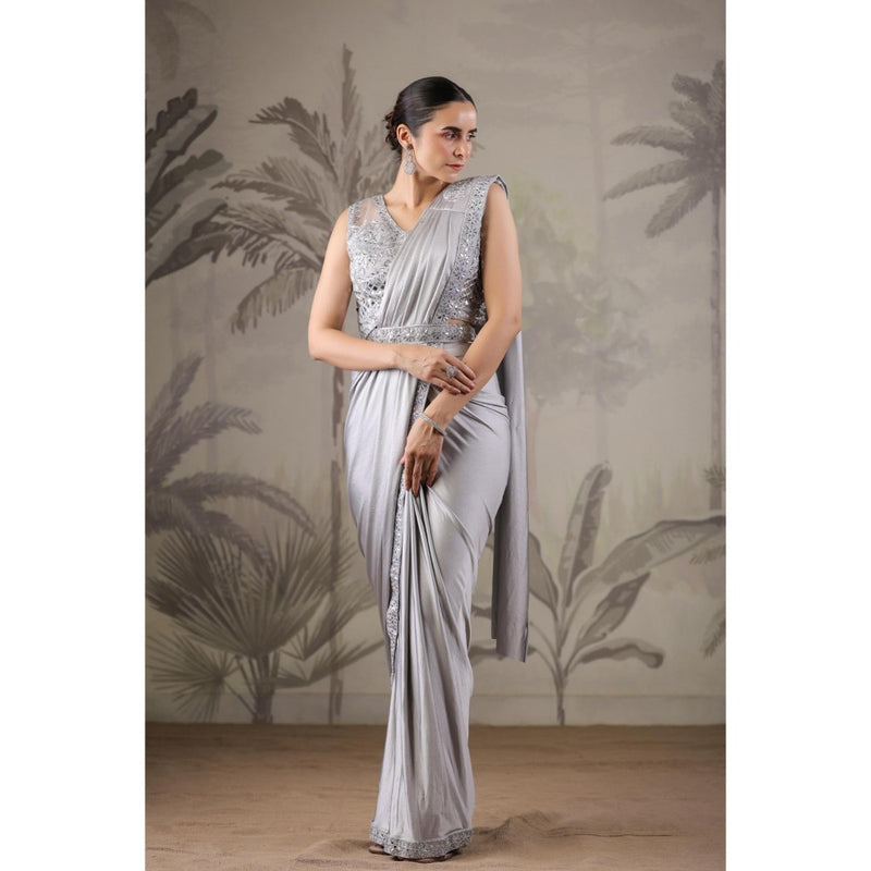 Geroo Luxe Grey Belted Pre-Stitched Saree With Stitched Blouse