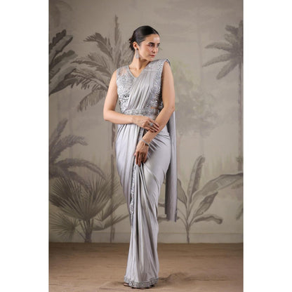 Geroo Luxe Grey Belted Pre-Stitched Saree With Stitched Blouse