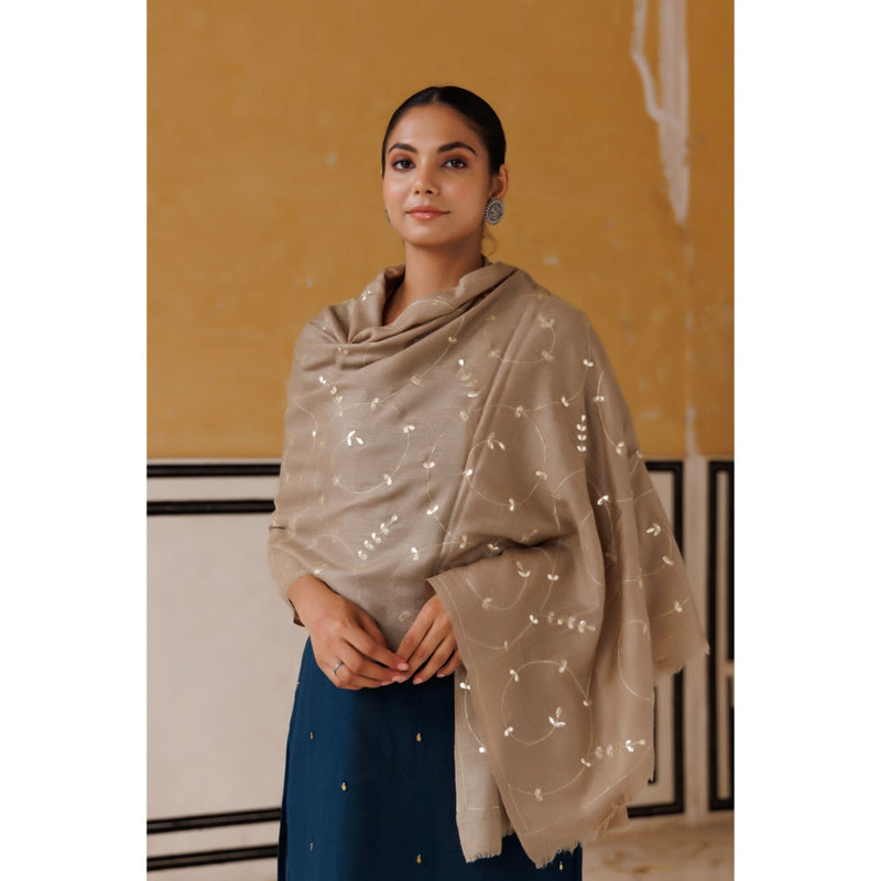Geroo Luxe Beige Hand Embroidered Gota Patti Woolen Shawl
