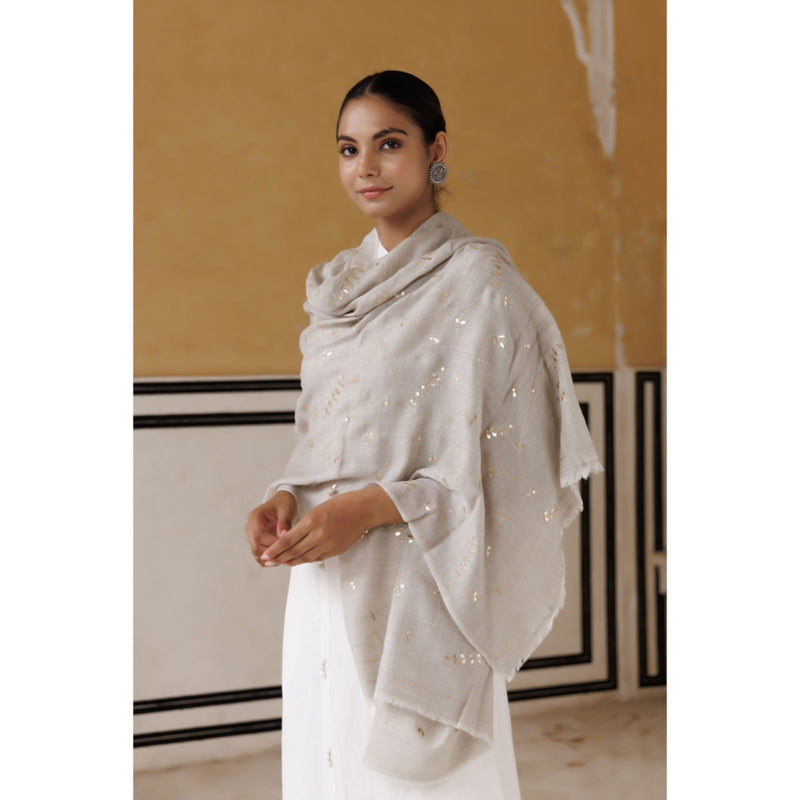 Geroo Luxe Light Grey Hand Embroidered Gota Patti Woolen Shawl