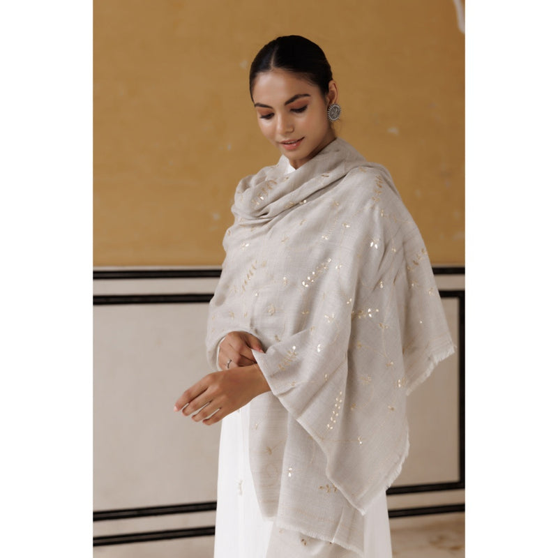 Geroo Luxe Light Grey Hand Embroidered Gota Patti Woolen Shawl