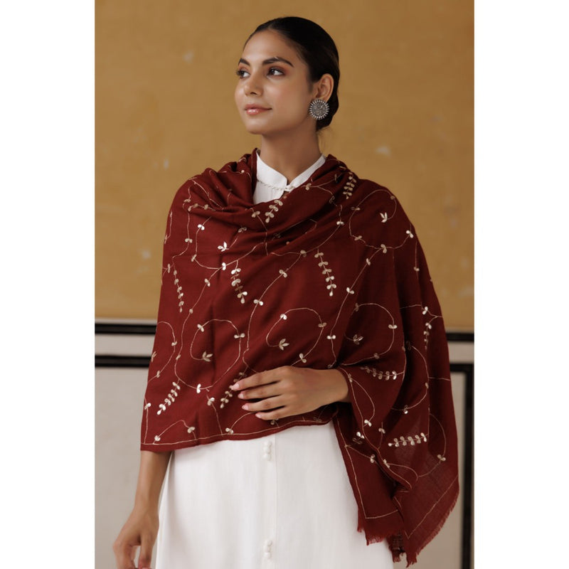 Geroo Luxe Maroon Hand Embroidered Gota Patti Woolen Shawl