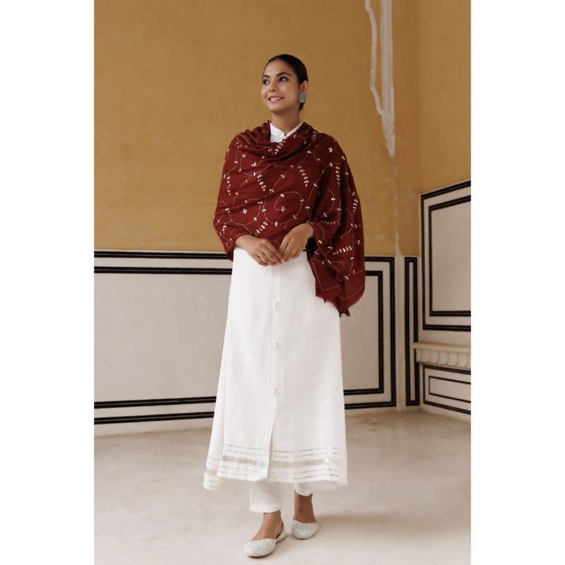 Geroo Luxe Maroon Hand Embroidered Gota Patti Woolen Shawl