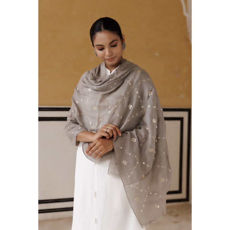 Geroo Luxe Grey Hand Embroidered Gota Patti Woolen Shawl