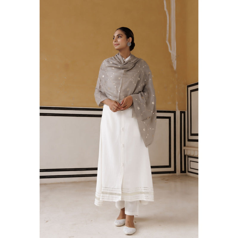 Geroo Luxe Grey Hand Embroidered Gota Patti Woolen Shawl