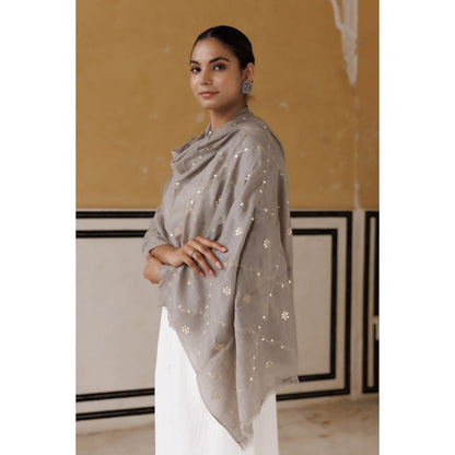Geroo Luxe Grey Hand Embroidered Gota Patti Woolen Shawl