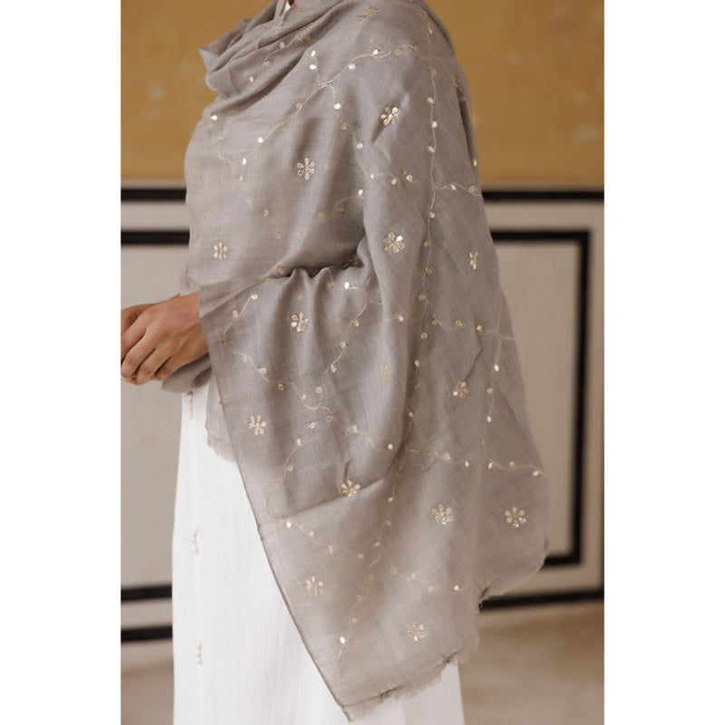 Geroo Luxe Grey Hand Embroidered Gota Patti Woolen Shawl