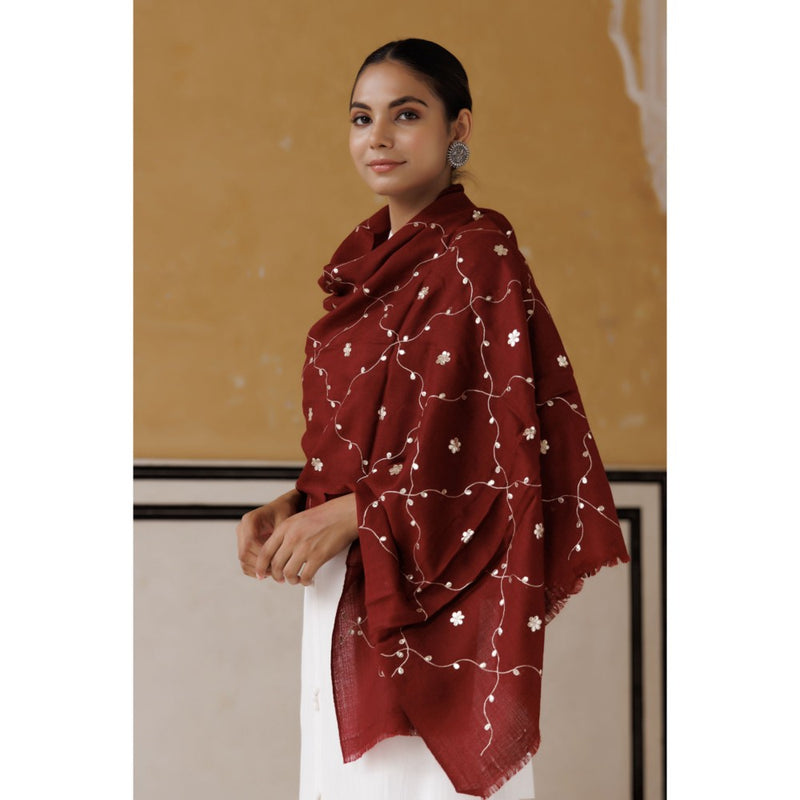 Geroo Luxe Maroon Hand Embroidered Gota Patti Woolen Shawl