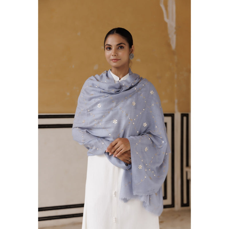 Geroo Luxe Powder Blue Hand Embroidered Gota Patti Woolen Shawl