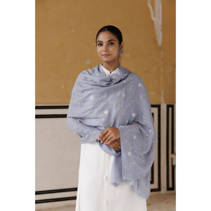 Geroo Luxe Powder Blue Hand Embroidered Gota Patti Woolen Shawl