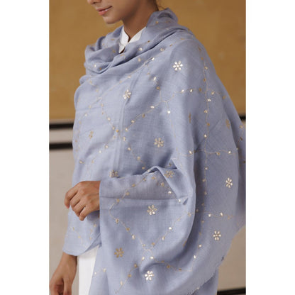 Geroo Luxe Powder Blue Hand Embroidered Gota Patti Woolen Shawl