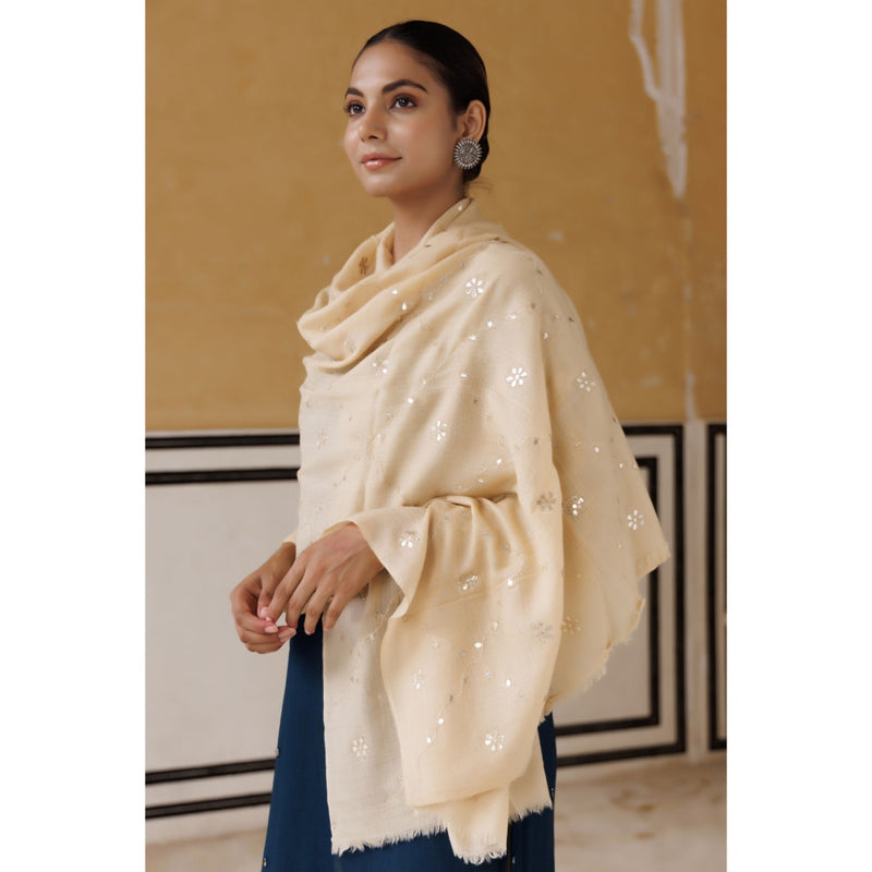 Geroo Luxe Cream Hand Embroidered Gota Patti Woolen Shawl