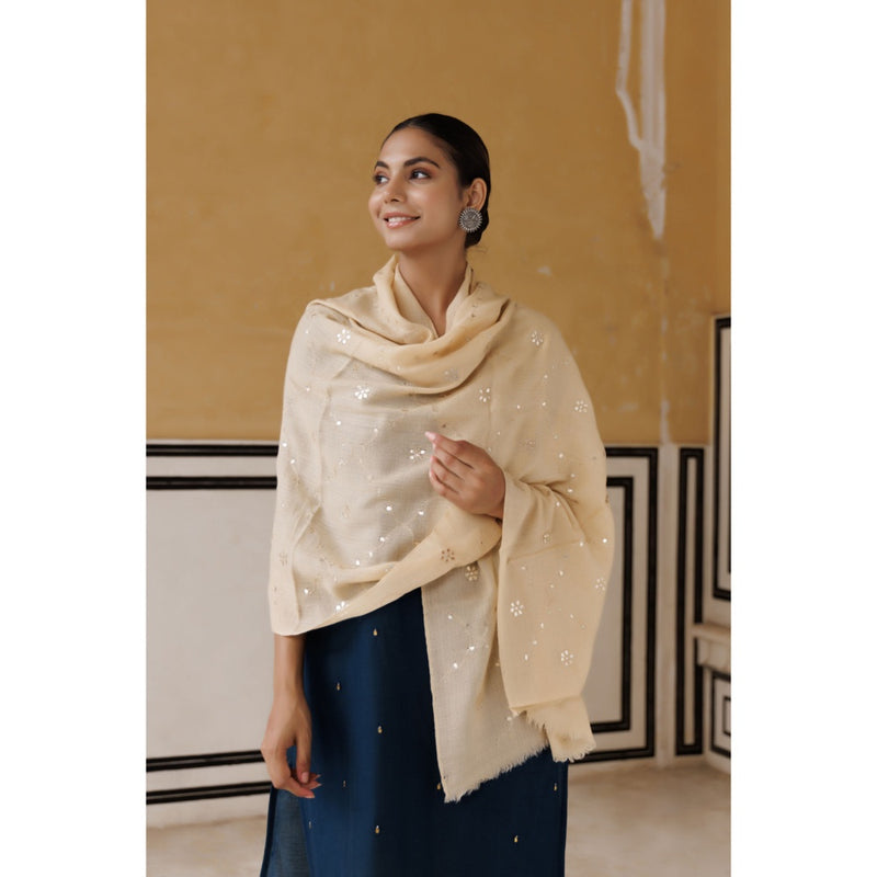 Geroo Luxe Cream Hand Embroidered Gota Patti Woolen Shawl