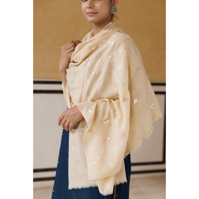 Geroo Luxe Cream Hand Embroidered Gota Patti Woolen Shawl