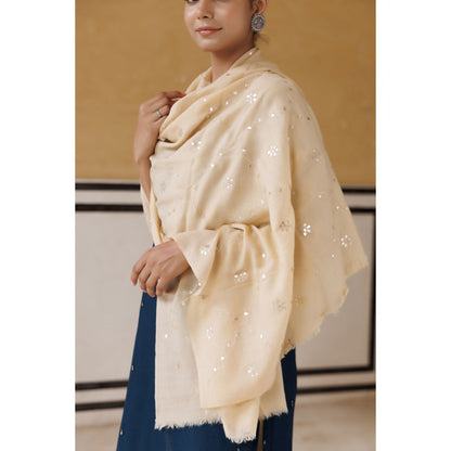 Geroo Luxe Cream Hand Embroidered Gota Patti Woolen Shawl