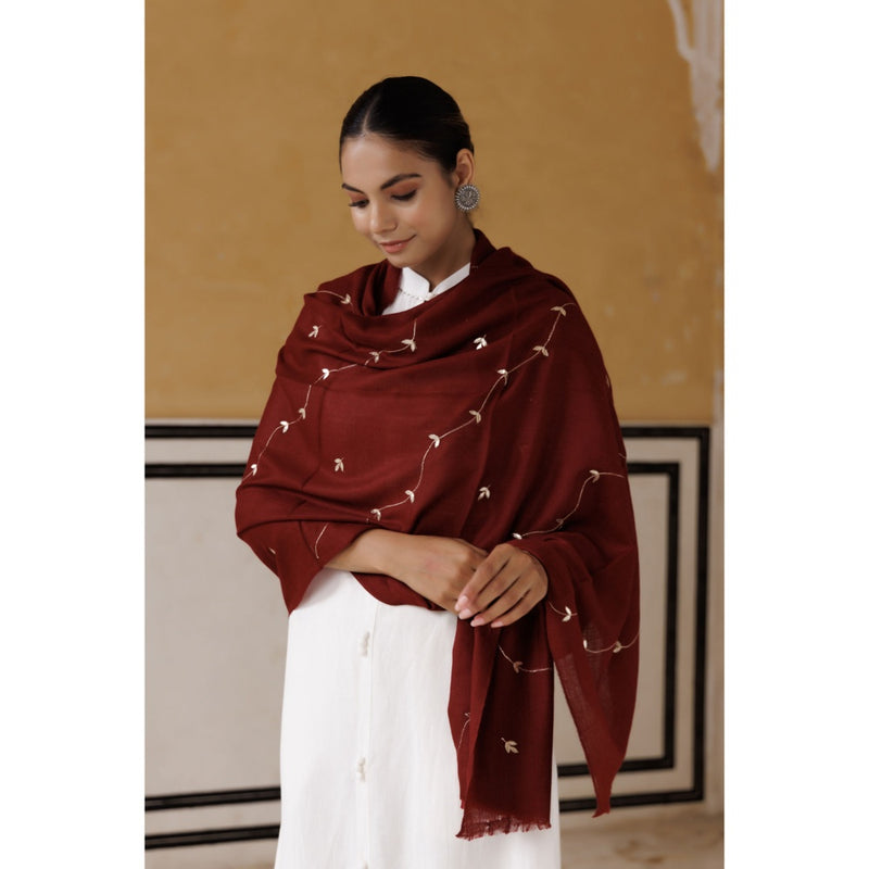 Geroo Luxe Maroon Hand Embroidered Gota Patti Woolen Shawl