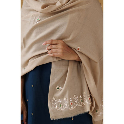 Geroo Luxe Beige Hand Embroidered Gota Patti-Zardozi Woolen Shawl
