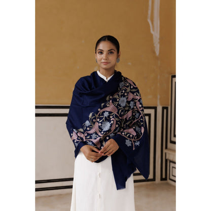 Geroo Luxe Navy Blue Kashmiri Hand Embroidered Woolen Shawl