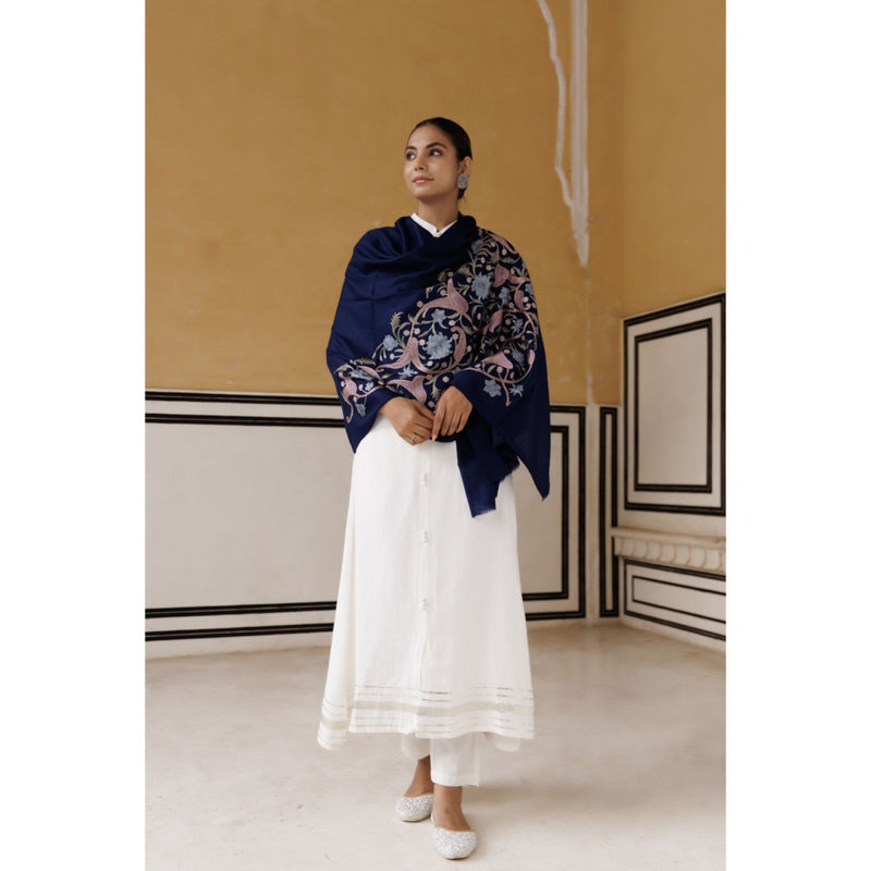 Geroo Luxe Navy Blue Kashmiri Hand Embroidered Woolen Shawl