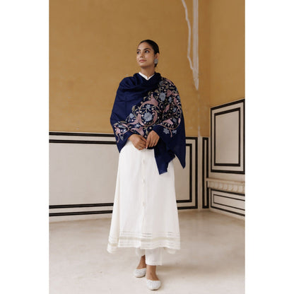 Geroo Luxe Navy Blue Kashmiri Hand Embroidered Woolen Shawl