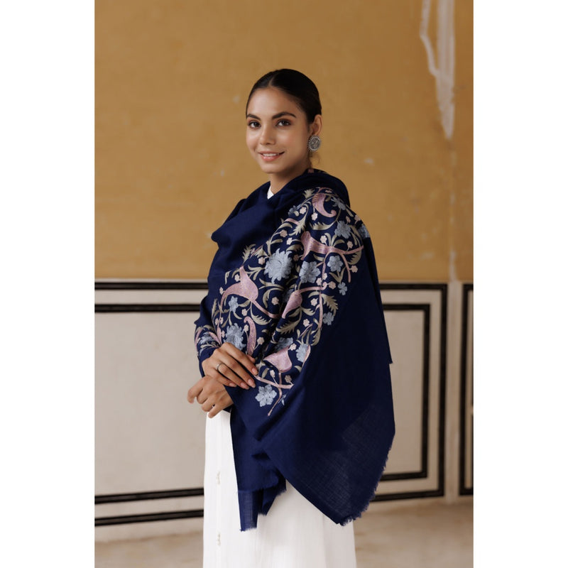Geroo Luxe Navy Blue Kashmiri Hand Embroidered Woolen Shawl