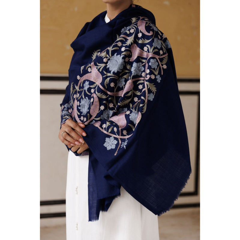 Geroo Luxe Navy Blue Kashmiri Hand Embroidered Woolen Shawl