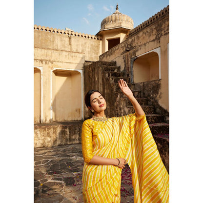 Geroo Luxe Yellow Shaded Pure Tussar Silk Hand-Dyed Leheriya Saree with Unstitched Blouse
