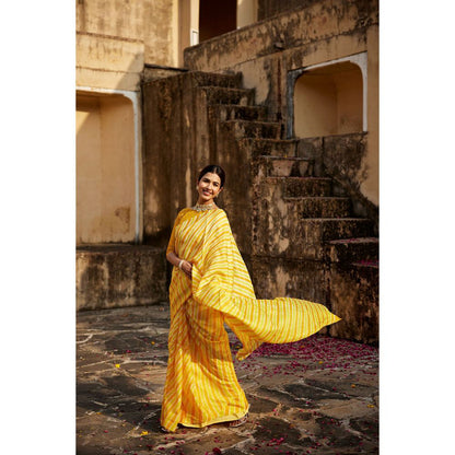 Geroo Luxe Yellow Shaded Pure Tussar Silk Hand-Dyed Leheriya Saree with Unstitched Blouse