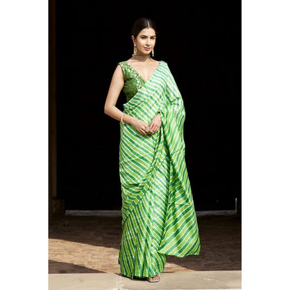 Geroo Luxe Green Pure Tussar Silk Hand-Dyed Leheriya Saree with Unstitched Blouse