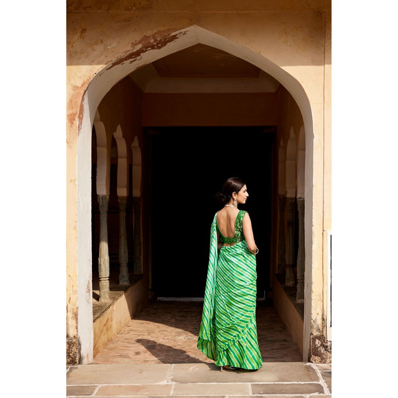 Geroo Luxe Green Pure Tussar Silk Hand-Dyed Leheriya Saree with Unstitched Blouse