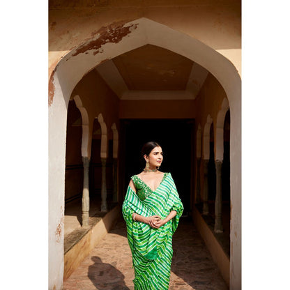 Geroo Luxe Green Pure Tussar Silk Hand-Dyed Leheriya Saree with Unstitched Blouse