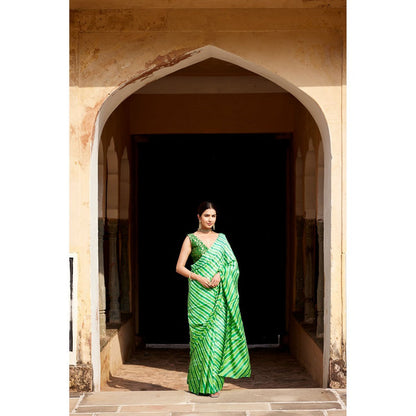 Geroo Luxe Green Pure Tussar Silk Hand-Dyed Leheriya Saree with Unstitched Blouse