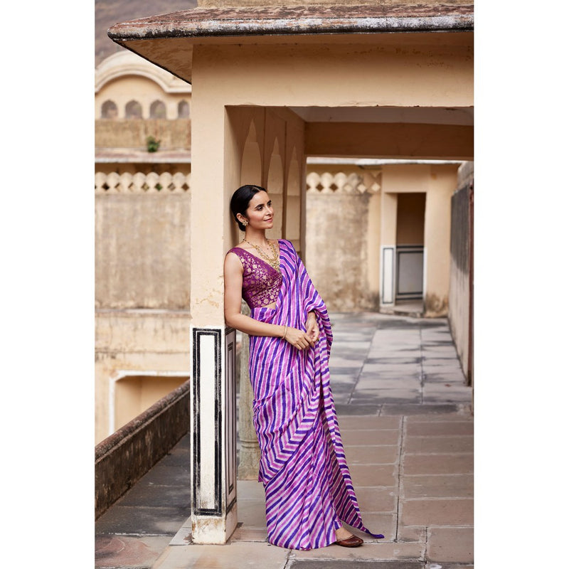 Geroo Luxe Purple Pure Tussar Silk Hand-Dyed Leheriya Saree with Unstitched Blouse