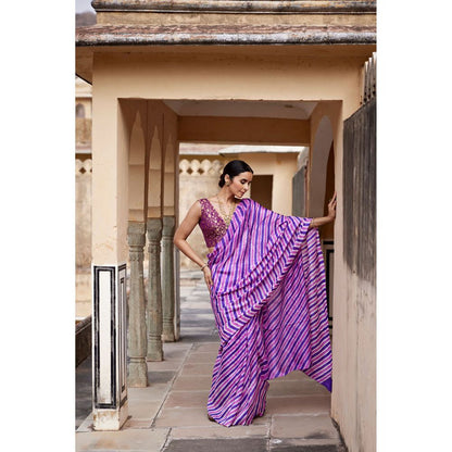 Geroo Luxe Purple Pure Tussar Silk Hand-Dyed Leheriya Saree with Unstitched Blouse