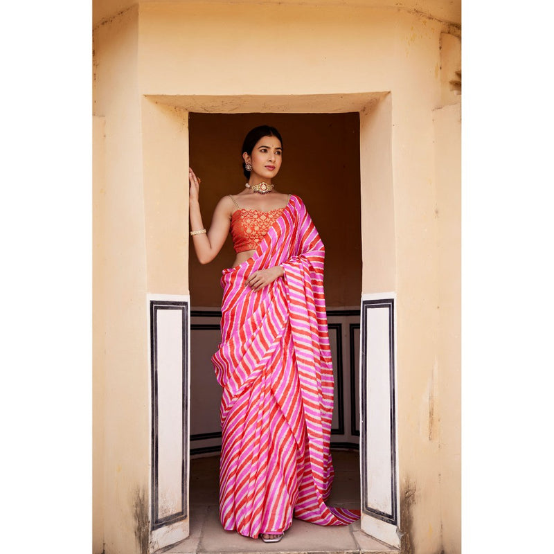 Geroo Luxe Pink Pure Tussar Silk Hand-Dyed Leheriya Saree with Unstitched Blouse