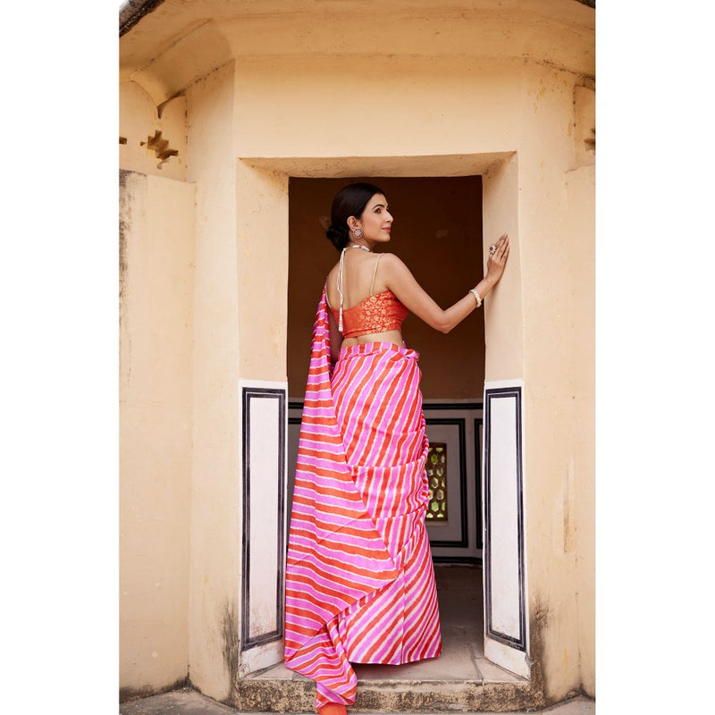 Geroo Luxe Pink Pure Tussar Silk Hand-Dyed Leheriya Saree with Unstitched Blouse