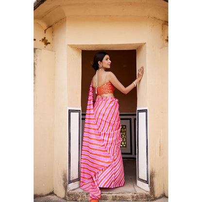 Geroo Luxe Pink Pure Tussar Silk Hand-Dyed Leheriya Saree with Unstitched Blouse