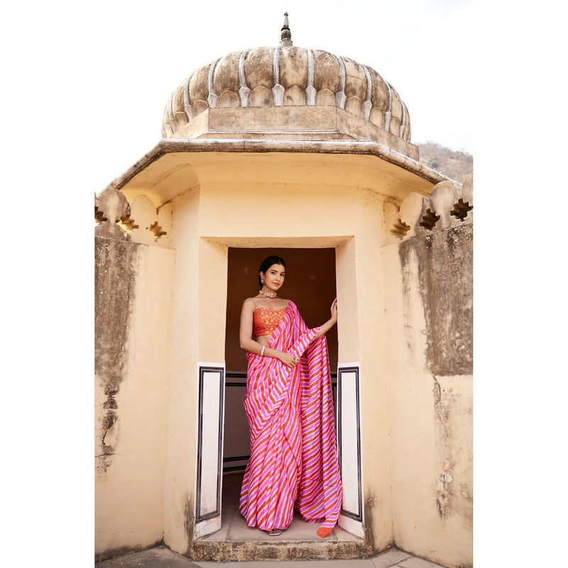 Geroo Luxe Pink Pure Tussar Silk Hand-Dyed Leheriya Saree with Unstitched Blouse