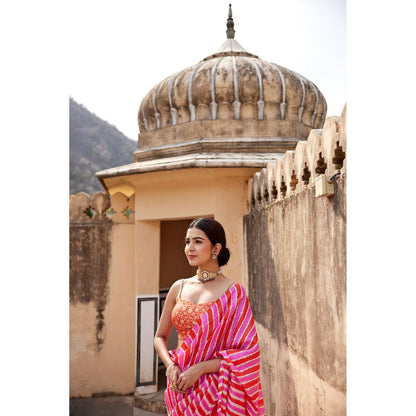 Geroo Luxe Pink Pure Tussar Silk Hand-Dyed Leheriya Saree with Unstitched Blouse