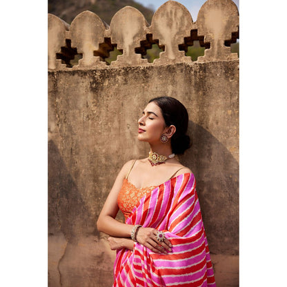 Geroo Luxe Pink Pure Tussar Silk Hand-Dyed Leheriya Saree with Unstitched Blouse