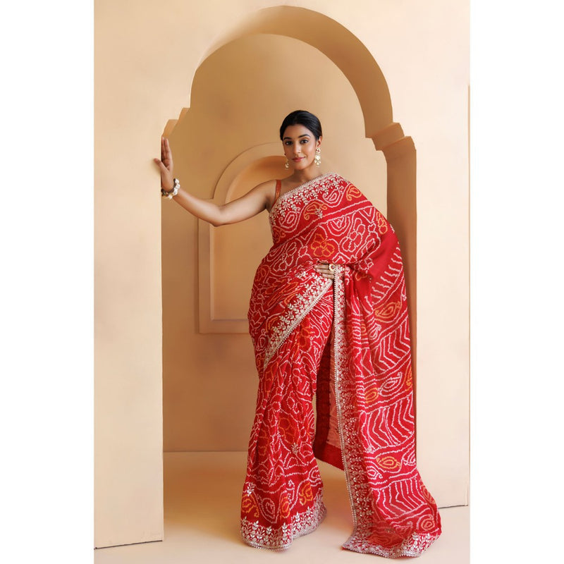 Geroo Luxe Red Hand Embroidered Gota Patti Bandhani Saree with Unstitched Blouse