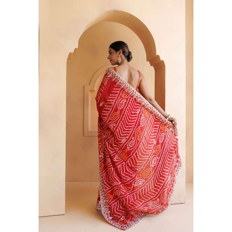 Geroo Luxe Red Hand Embroidered Gota Patti Bandhani Saree with Unstitched Blouse