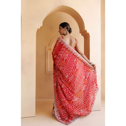 Geroo Luxe Red Hand Embroidered Gota Patti Bandhani Saree with Unstitched Blouse